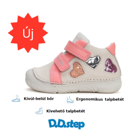 D.D. Step krém színű, 3 csillogó szíves fehér lány, bőr cipő