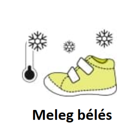 Egy zöld cipő ami balra néz felette hópihék és balra mellette pedig egy hőmérő aminek a szintje nincs magasan, ez alatt az árba alatt van egy szöveg is "Meleg Blés" néven