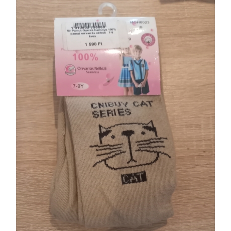 Mr Pamut gyerek harisnya 100% pamut orrvarrás nélküli 7-9 éveseknek lányos mintával  barna alapon cicás